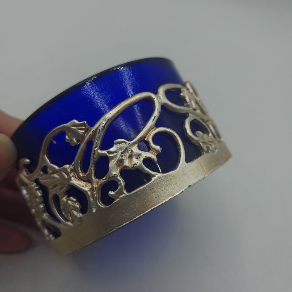 Vintage Cobalt Blue Glass Bowl with Silver Overlay 3.5" Wide - Picture 5 of 6